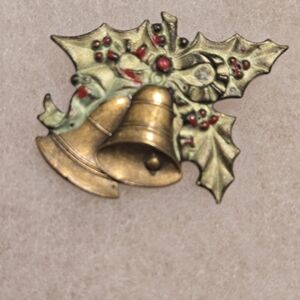 Festive Gold Bell Brooch with Holly Accents